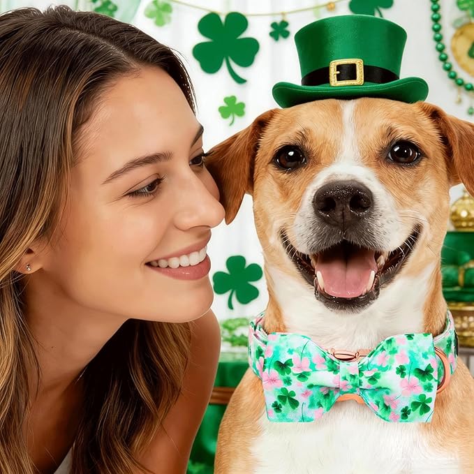 Lionheart glory St. Patrick's Day Dog Collar with Bowtie - Lucky Clover Shamrock Dog Bow Collar for X-Small Dogs Puppy Green Pink Spring Trefoil Collars Bow Soft Adjustable Collars