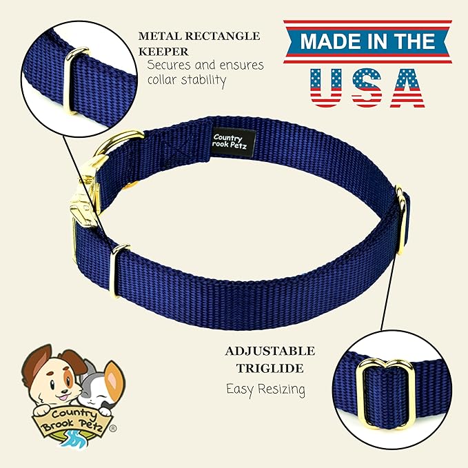 Country Brook Petz - Premium Nylon Dog Collar with Metal Buckle for Small Medium Large Breeds - 10+ Cool Colors (Large, 1 Inch, Navy Blue)