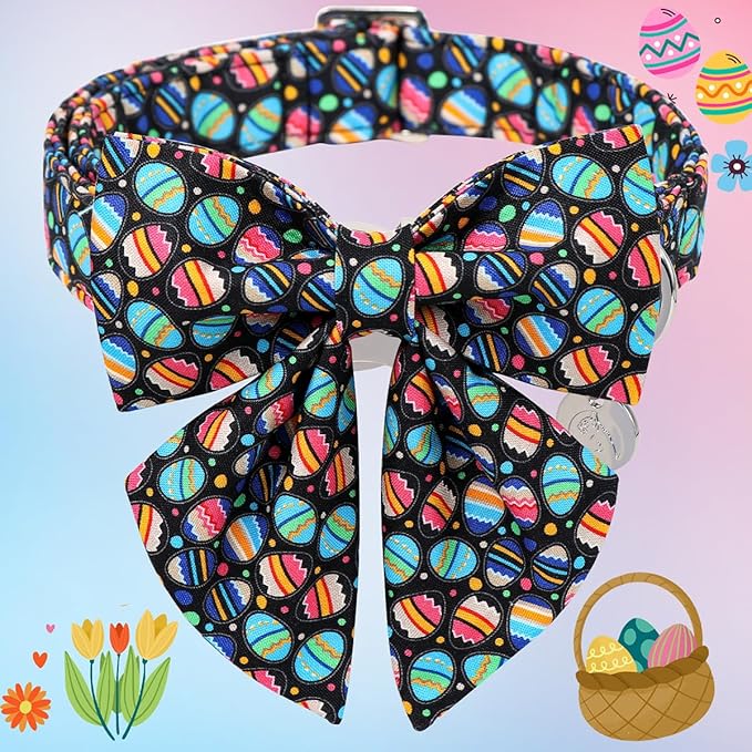 DOGWONG Easter Day Dog Collar-Cute Black Easter Dog Collar with Bow, Cotton Eggs Dog Collars with Metal Buckle for Small Medium Large Dogs