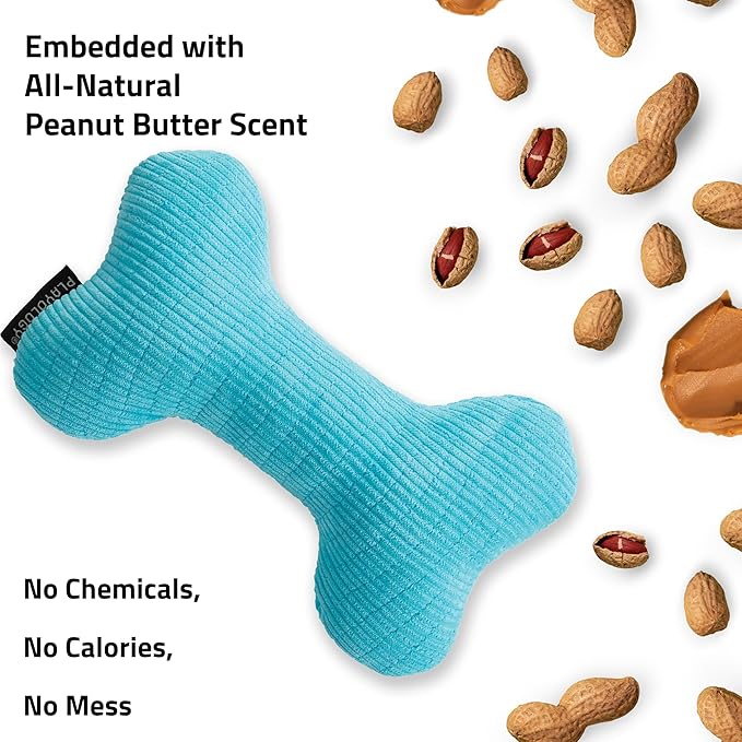 Playology Dog Toys | Plush Squeaky Bone Chew Toy for Dogs | Medium Peanut Butter Scented Toy - Easy to Clean and Made from Non Toxic Materials
