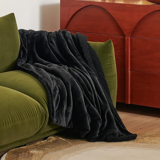 Bedsure GentleSoft Sherpa Fleece Twin Size Blanket for Couch, Non-Heated, Thick and Warm Throw for Women and Men, Soft Fuzzy Plush Twin Blanket for Winter, Black, 60x80 Inches