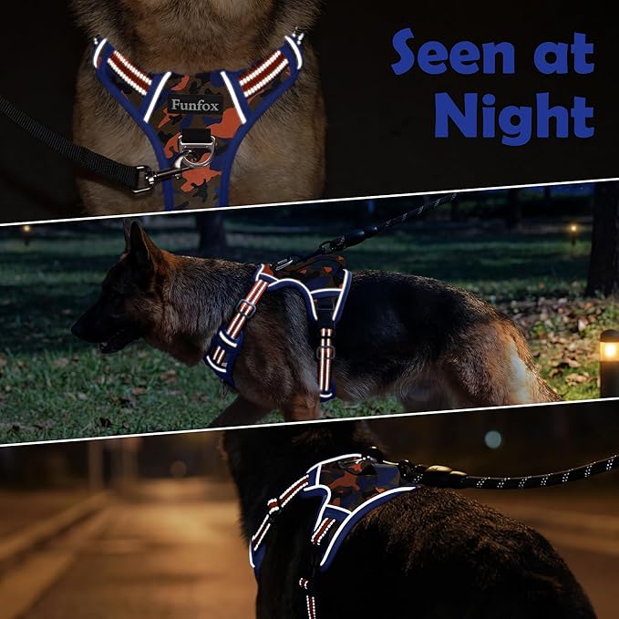 Funfox Dog Harness No Pull, Adjustable Pet Vest Harness, Super Soft Material with Vertical Handle Easy Control, Reflective Night Walking, 2 Leash Clips for XLarge Dogs, Camo Orange, XL