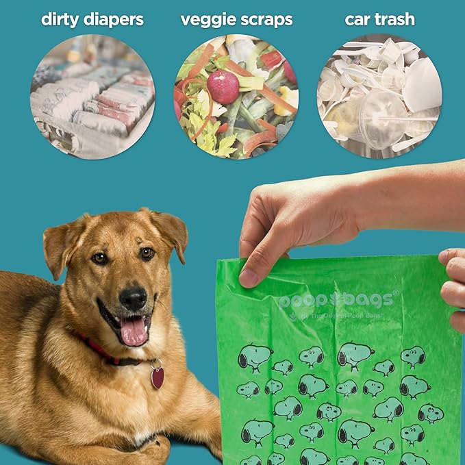 The Original Poop Bags® 38% USDA Biobased Pet Waste Bags, Peanuts Design, Leak-Resistant & Durable Leash Rolls, Black/Green, 60 Count