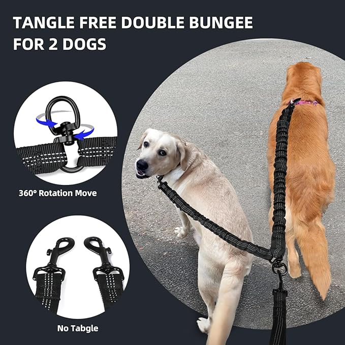 Hands Free Double Dog Leash with Pouch, Dual Leash for 2 Dogs with Reflective Padded Handles, Durable Bungee and Lumbar Waist Belt for Walking, Jogging and Running (Medium/Large, 25-120 lbs)