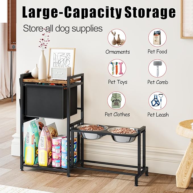 Elevated Dog Bowl with Toy Bin Basket Adjustable Raised Feeding Station Cabinet with 2 Stainless Steel Bowl Pet Storage Organizer for Small Medium Large Dogs and Cats with Non-Slip Mats