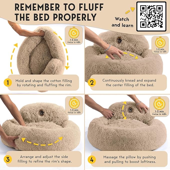 PetJett Calming Dog Beds for Small Dogs – 23" Donut Dog Beds, Anti-Slip & Washable Fluffy Plush Faux Fur Pet Bed, Anti-Anxiety Premium Comfort Round Puppy Bed, Fits Dogs up to 25 lbs – Beige