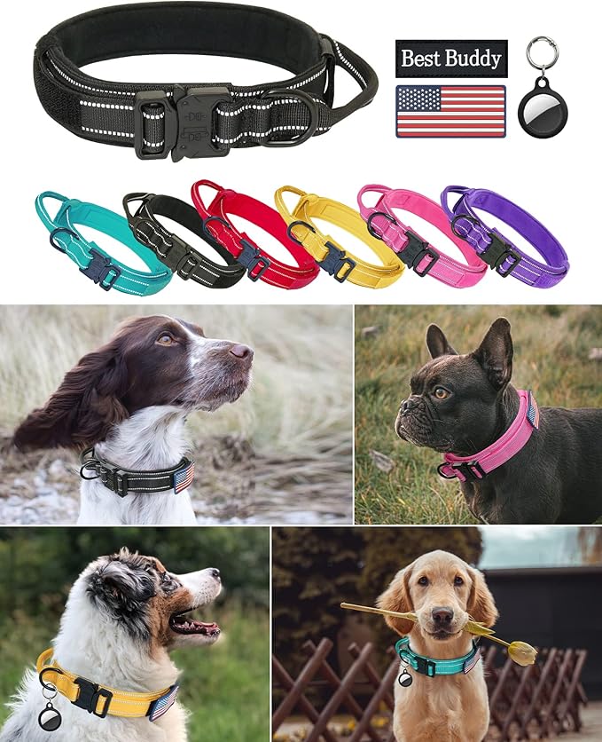 AUBELL Reflective Tactical Dog Collar,Adjustable Military Heavy Duty K9 Collars with Handle and Quick Release Metal Buckle Great for Extra Large Dogs, with Airtag Case and 2 Patches (Black,XL)