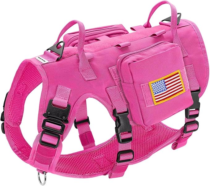 Forestpaw Dog Harness for Large Dogs,Tactical Dog Harness with Handle,No Pull Military Service Dog Vest with Pockets Adjustable for Walking Training,Hot Pink,Chest 21.5-45"
