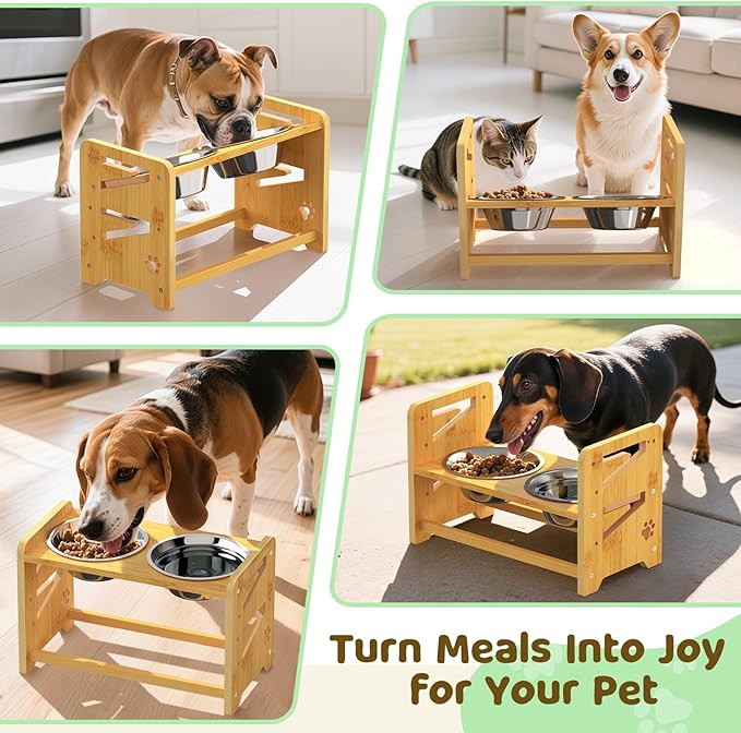 Elevated Dog Bowls, Adjustable Raised Dog Bowl Stand for Medium and Small Pet, 11" High Bamboo Pet Food Feeder with 2 Stainless Steel Dishes（4 Height）