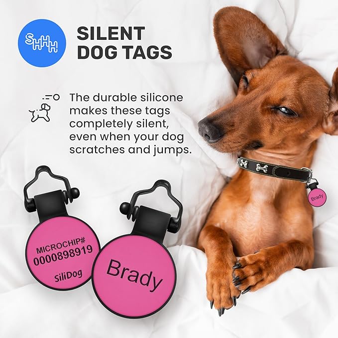 SiliDog - The Original Silicone Silent Dog Tag - Personalized Engraved Soundless Pet ID - As Seen On Shark Tank - Durable - Never Fades - Circle - Pink