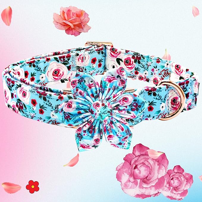 Elegant little tail Dog Collar with Flower, Pink Rose Print Pet Collar Flower Pet Collars Summer Cute Adjustable Dog Collars for X-Large Dogs