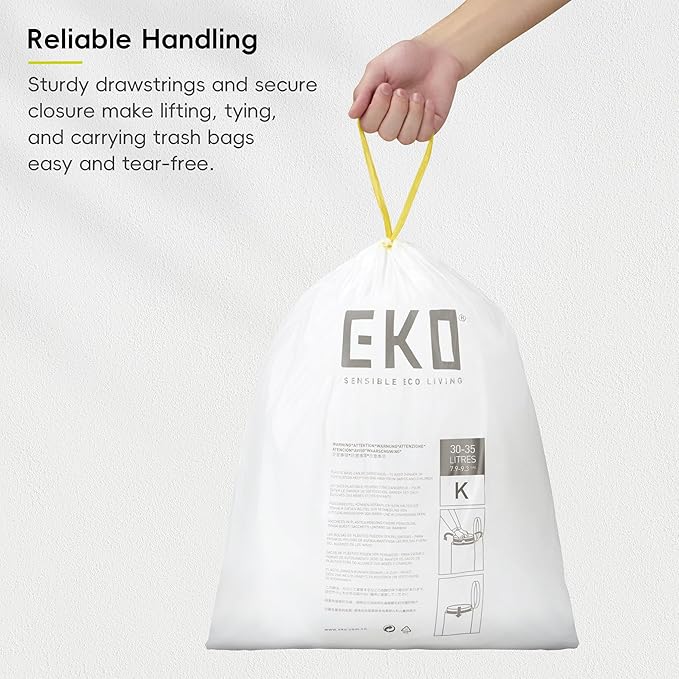 EKO 9.3 Gallon / 30–35 Liter Drawstring Trash Bags, 110 Count Heavy-Duty Tall Kitchen Garbage Can Liners, Extra-Strong Leak-Resistant, Unscented, White, Code K