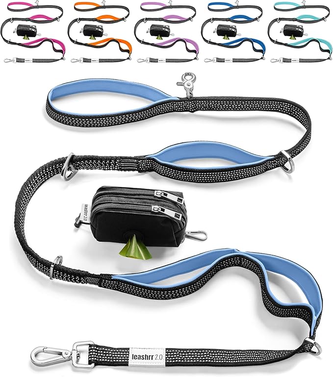 No Pull Dog Leash for Large Dogs – 6ft Highly Reflective Bungee, Heavy Duty Leash for Large Dogs, 4 Padded Handles, Strong Carabiner Clip & Rings, Includes Poop Bag Holder & Treat Pouch (Purple-Blue)