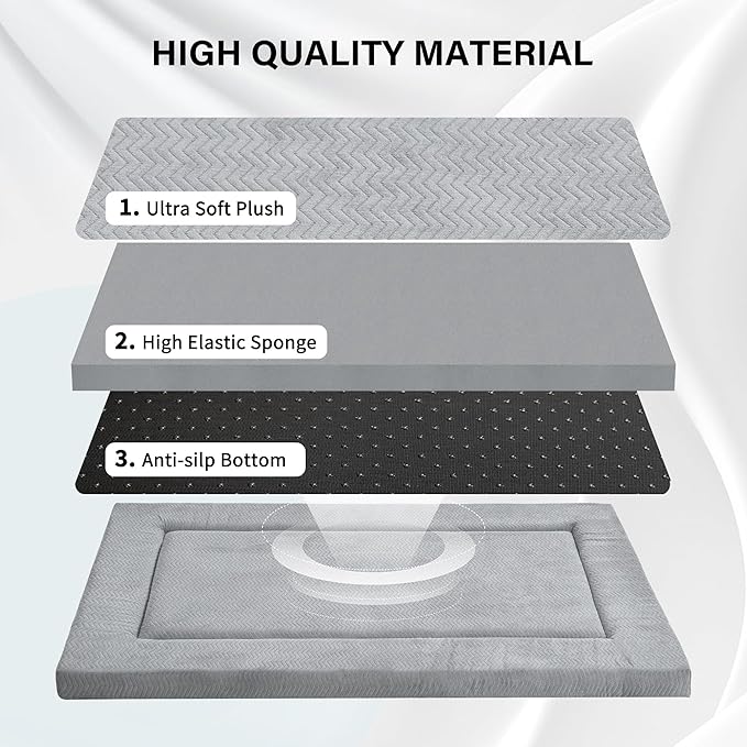 WESTERN HOME Large Dog Bed, Large Dog Crate Beds with Soft Wavy Plush Comfortable Anti-Slip Washable Pet Bed Mat for Dogs & Cats, Grey, 47x29 inches