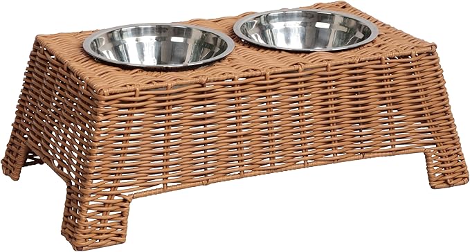 DBL4000B Serenity 6.9" Small/Medium Elevated Wicker Pet Feeder with 18oz (2.2 Cups) 2-Stainless Steel Bowls, Brown