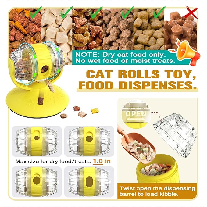 Cat Roll Feeder, Interactive Cat Toy & Dog Toys, Treat Dispenser for Indoor Cats, Small Dogs, Puppies, Slow Feeder, Enrichment Toy for IQ Training, Mental Stimulation, Relieve Boredom, Gifts (Yellow)