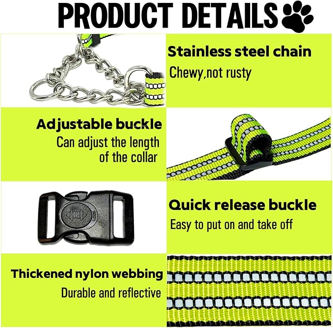 Martingale Dog Collars, Reflective Nylon Collar with Stainless Steel Chain, Adjustable Walking Training Dog Collars with Quick Release Buckle, Suitable for Small Medium Large Dogs(Green,XL)