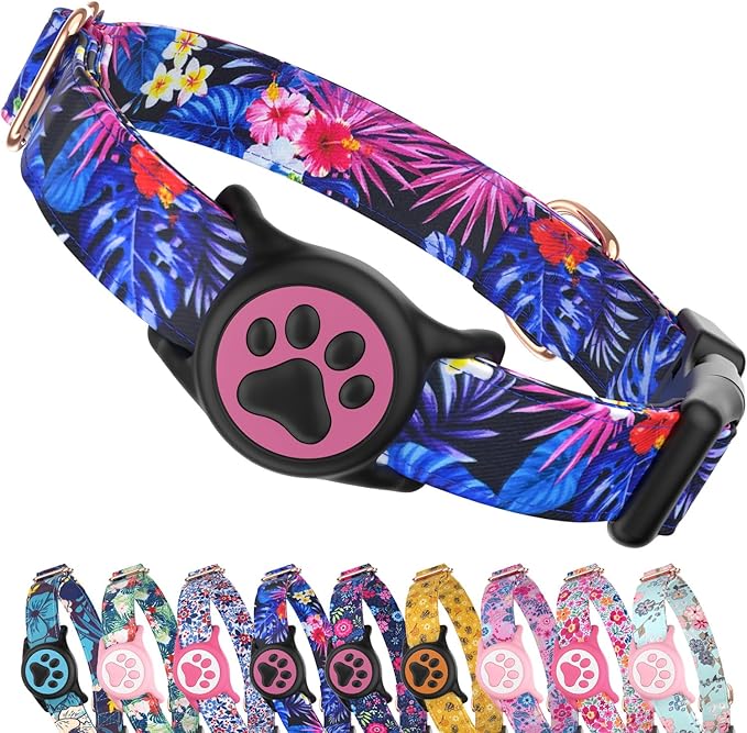 WhoseID Airtag Dog Collar,with Waterproof airtag Holder，Original Stylish Cute Pattern Design.QR Code ID Buckle，Comfortable Soft Cotton for Small Medium Large Dogs