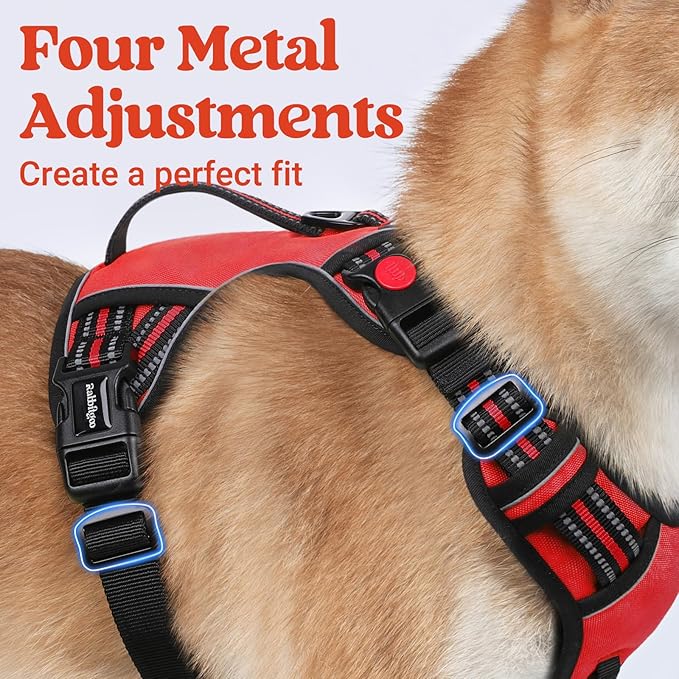 rabbitgoo Dog Harness Medium Sized, No Pull Pet Harness with Soft Padded Handle, Adjustable Reflective Vest with 3 Buckles, Easy Walking Harness with 2 Leash Clips, Red, M