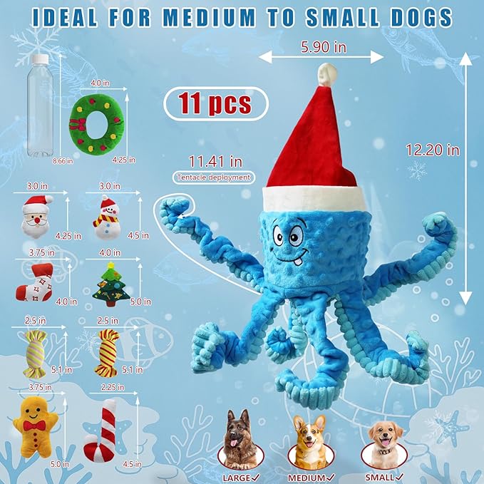 Christmas Dog Toys, Octopus Dog Toy with 10 Pcs Small Dog Toy, Crinkle Plush Dog Toy for Puppies, Interactive Holiday Pet Toys Sets (Blue)