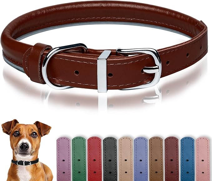 OOPSDOGGY Rolled Leather Dog Collar Reflective Roll Collars for Small Medium Large Dogs Puppy (Cognac, XXS, 7''- 9'')