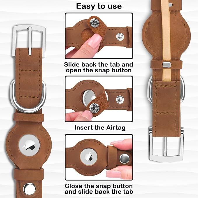 Leather Dog Collar with Airtag Holder - Apple Air Tag Dog Collars - Soft Tracking GPS Pet Collar for Small Medium Large Dogs Breed Puppy (Brown, S, 9"-12" Neck Fit)