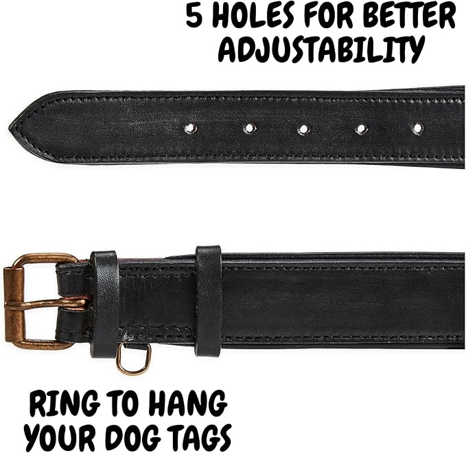 Real Leather Dog Collar Padded Soft Interiors with Premium Vintage Look Handcrafted Heavy Duty with Tag Ring for Small Medium and Large Pets (Large (1.5" Wide for 16.5" - 20.5" Neck), Black)