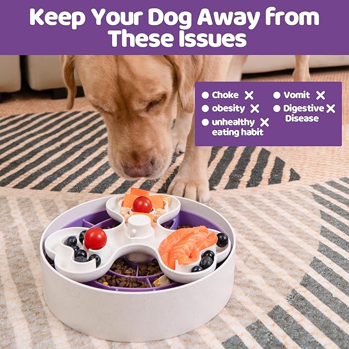 Puzzle Feeder Slow Feeder Bowls, Dishwasher Safe, Large Breed Dogs, 4 Modes, 3 Detachable Parts, Adjustable Speeds, Purple