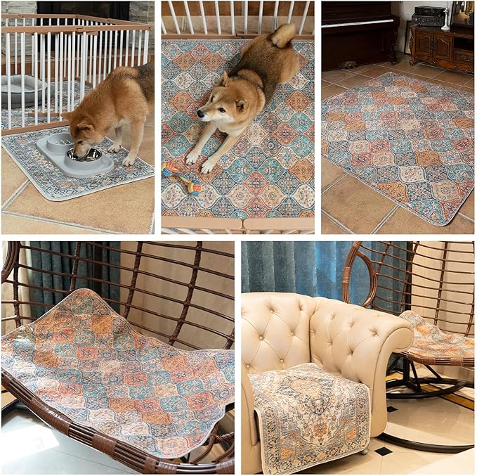 nunubaby Washable Pee Pads for Dogs, Stylish, Non-Slip and Leak-Proof Pee Pads. Reusable Potty Pads for Dogs for Crates and Floors.(Beige/Multi, 48" x48" )