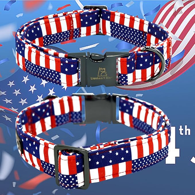 Lionheart glory American Flag Dog Collar 4 of July Independence Patriotic Dog Bow Collars Heavy Duty Adjustable Soft Collar with Bowtie for Large Dogs Pet Gift