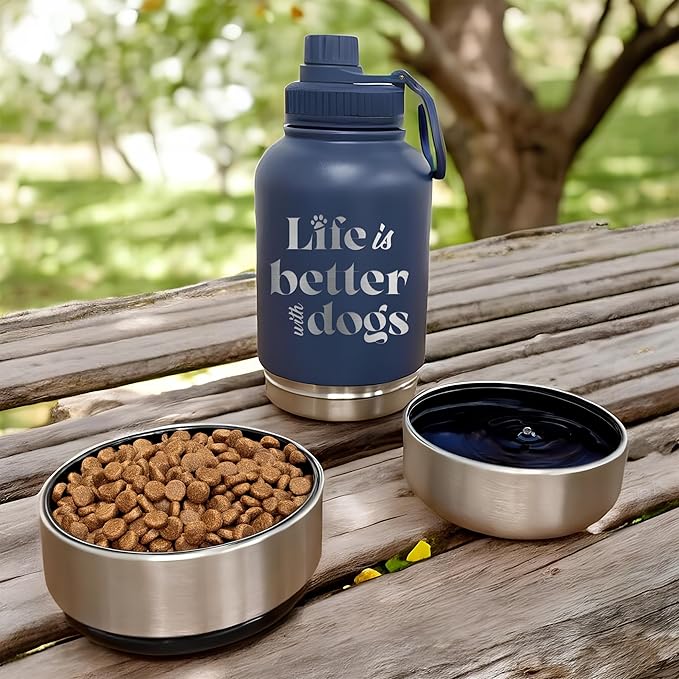 TEEAMORE Life is Better With Dogs Water Tumbler with Bowls Personalized Stainless Steel Travel Bottle Brown