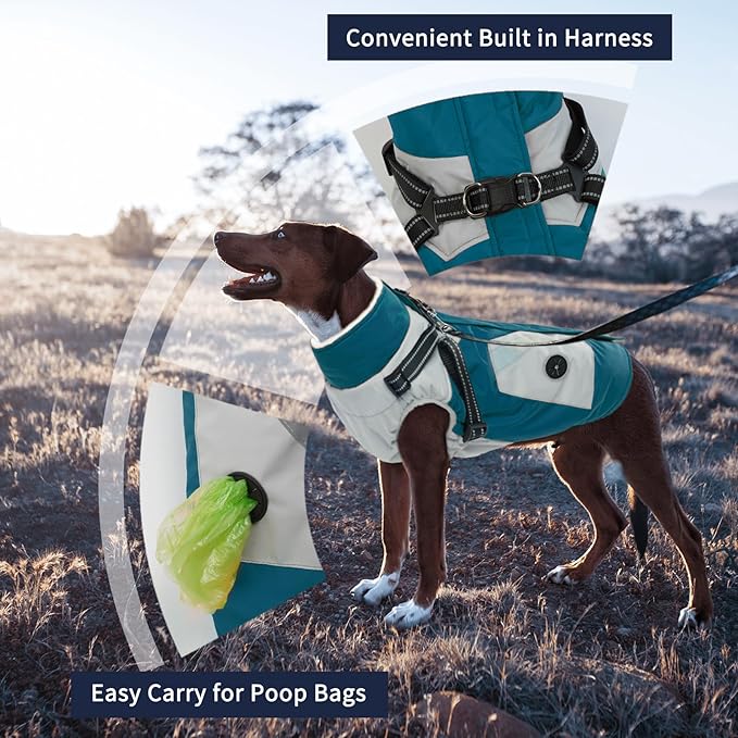 IECOii Dog Winter Coat Waterproof - Dog Coat with Harness Built in for Medium Dogs,Thermal Warm Fleece Lined with Zip Up Cold Weather Jacket,Reflective Snowsuit for Outdoor, Turquoise Green,M