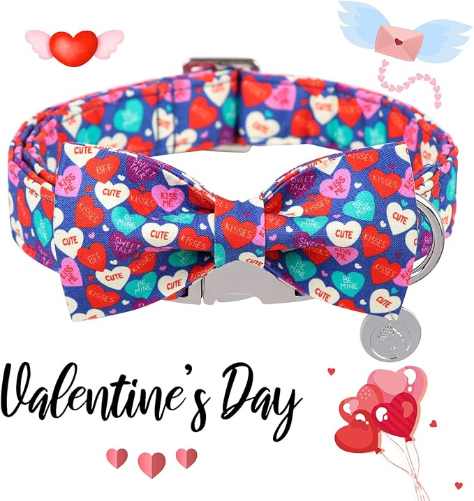 DOGWONG Valentine's Dog Collar With Blue Heart Bowtie, Adjustable Durable Pink Heart Cute Collar for Small Medium Dogs