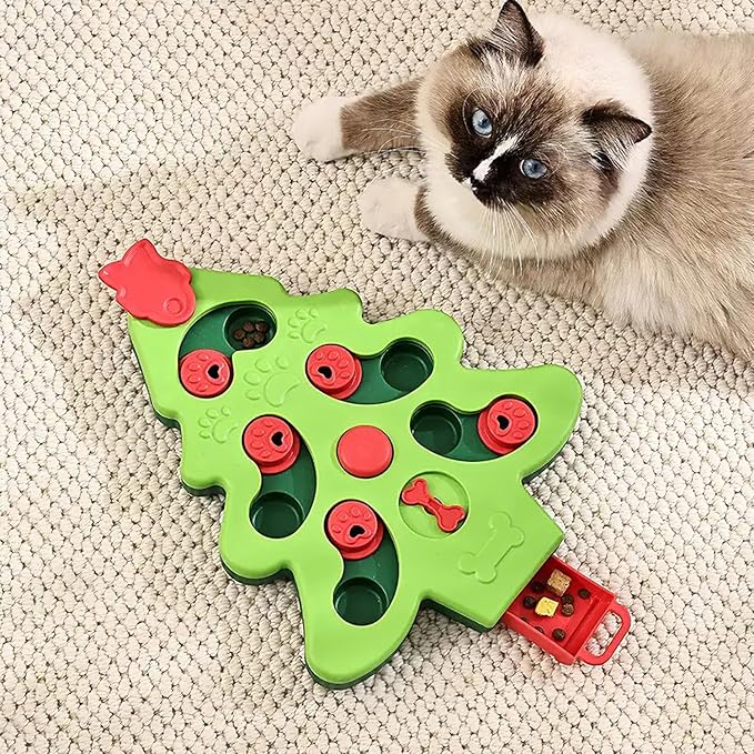 Pet Puzzle Feeder Toy – Interactive Slow Feeder Toy with Non-Slip Base, Mental Enrichment Game for Indoor Fun, Xmas-Themed Treat Dispenser (Green)