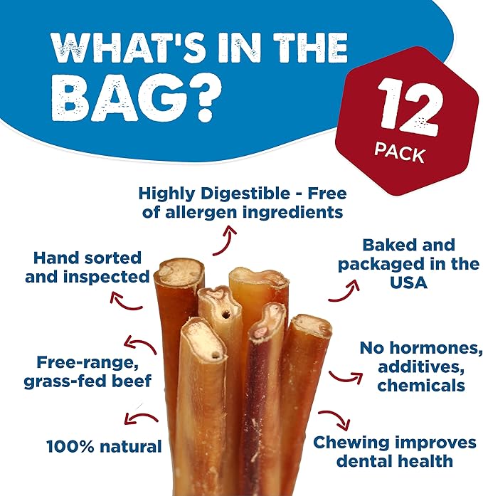 Best Bully Sticks 6 Inch Jumbo Bully Sticks for Dogs - 12 Count (Pack of 1) - Natural Grass-Fed Beef, Single Ingredient, Grain and Rawhide Free Chew, Large Breeds