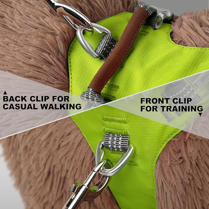 No Pull Dog Harness – Adjustable Reflective Nylon Vest for Small Medium Large Dogs, Escape Proof Training Harness with Leather Control Handle, Lightweight Aluminum Hardware (Green, M)