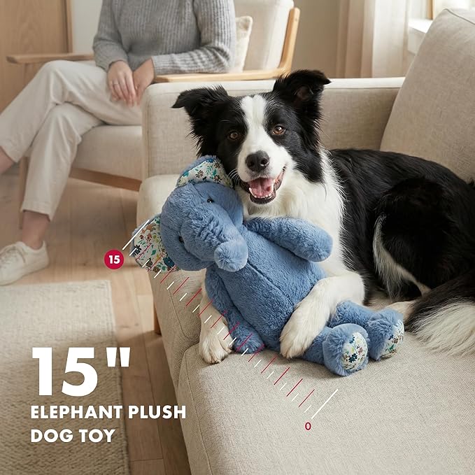 Pet Lou 15" Elephant Plush Dog Toy with Squeakers and Crinkle Paper, Super-Soft Durable Plush, Interactive Stuffed Dog Toy for Indoor & Outdoor Play, Blue