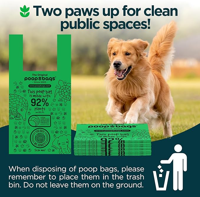 The Original Poop Bags® Tie-Handle Dog Waste Bags, 92% Plant-Based, USDA Certified, Heavy Duty, Large (360 Count (Pack of 3))