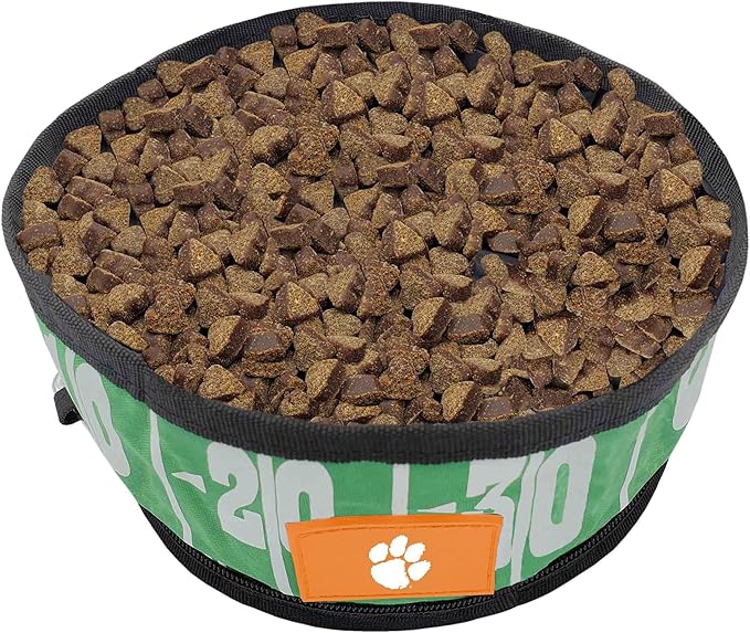 Pets First NCAA Clemson Tigers Collapsible Dog Travel Bowl, Food and Water Bowl for Dogs & Cats. Lightweight Leak-Proof Pet Bowl for Travel with Football Field & Pebble-Grain Design