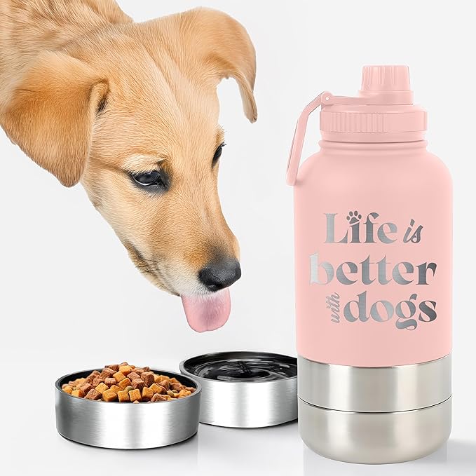 TEEAMORE Life is Better With Dogs Water Tumbler with Bowls Personalized Stainless Steel Travel Bottle Pink