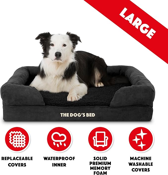 The Dog’s Bed Orthopedic Memory Foam Dog Bed with Bolsters, Plush Fabric, Black Plush, Large