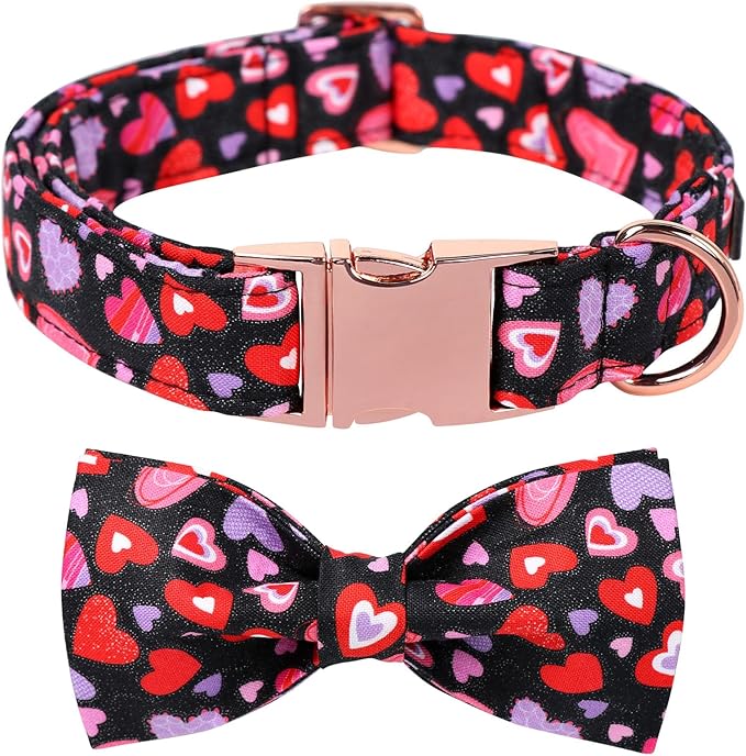 Lionet Paws Valentines Dog Collar Bowtie, Dog Bowtie Collar with Metal Buckle for Dogs, Adjustable Fabric Black Dogs Collars Girl Boy, M, Neck 13.5-22 in