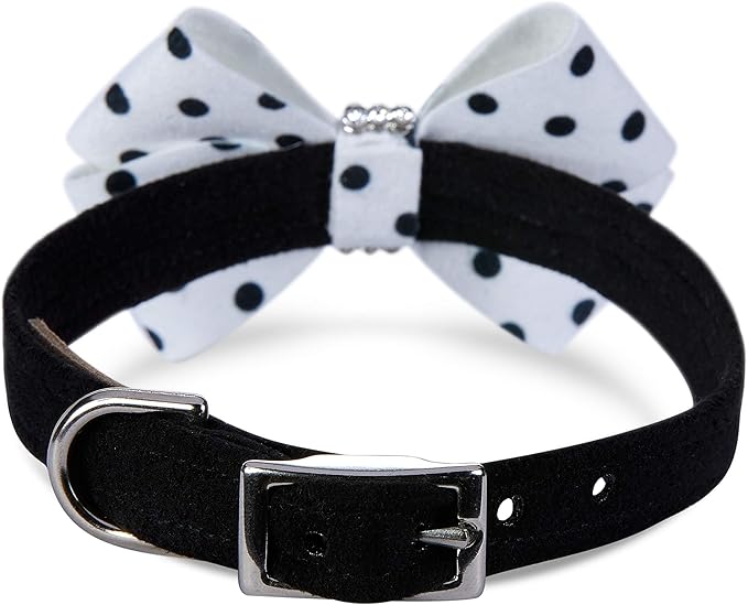 Susan Lanci Designs Ultrasuede Premium Dog Collar with Nouveau Bow, Black & White Polka Dot, X-Large