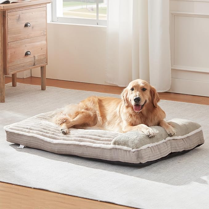 Dog Bed for Large Dogs, Dog Mattress with Pillow for Crate Kennel, Sofa pet Bed, Super Soft pet Bed for Medium, Jumbo, Small Dogs Breeds (Beige,Large:(36"x27"x3")