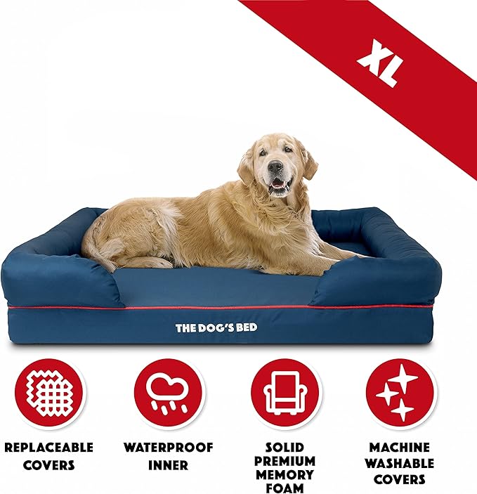 The Dog’s Bed Orthopedic Memory Foam Dog Bed with Bolsters, Oxford Fabric, Blue with Dark Red Trim, XL