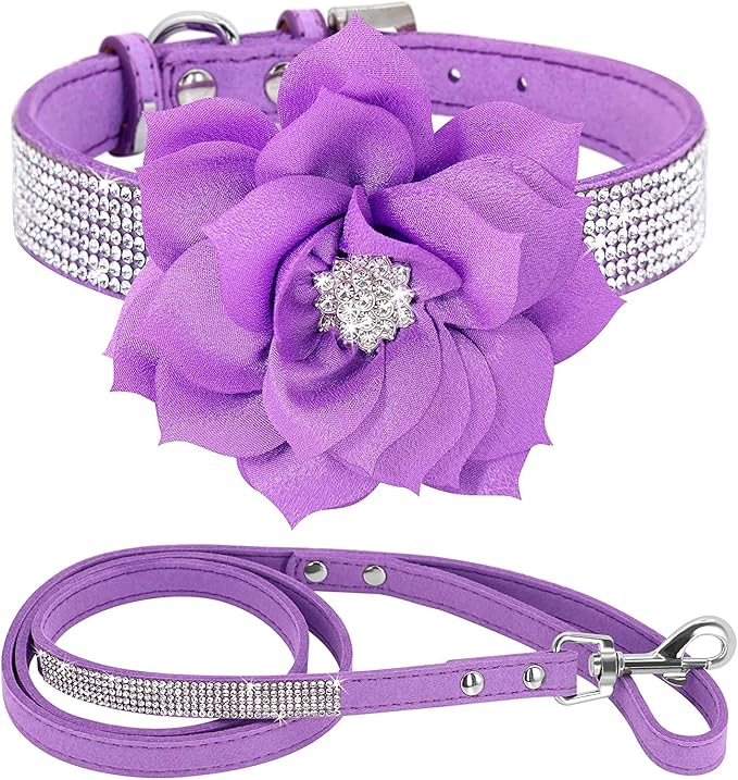 Cute Dazzling Sparkling Elegant Fancy Soft Suede Leather Bling Rhinestone Crystal Jeweled Pet Cat Dog Puppy Collar Dog Leash Combo Set (L(Neck 15-18"), Purple-6)