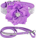 Cute Dazzling Sparkling Elegant Fancy Soft Suede Leather Bling Rhinestone Crystal Jeweled Pet Cat Dog Puppy Collar Dog Leash Combo Set (S(Neck 10-12.5"), Purple-6)