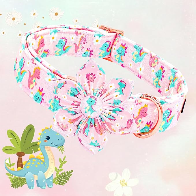 Lionheart glory Dog Collar with Flower Dinosaurs Print Collars for Large Dogs, Spring Summer Cute Duty Adjustable Dog Flowers Collar Puppy Collars Bows Pet Gift