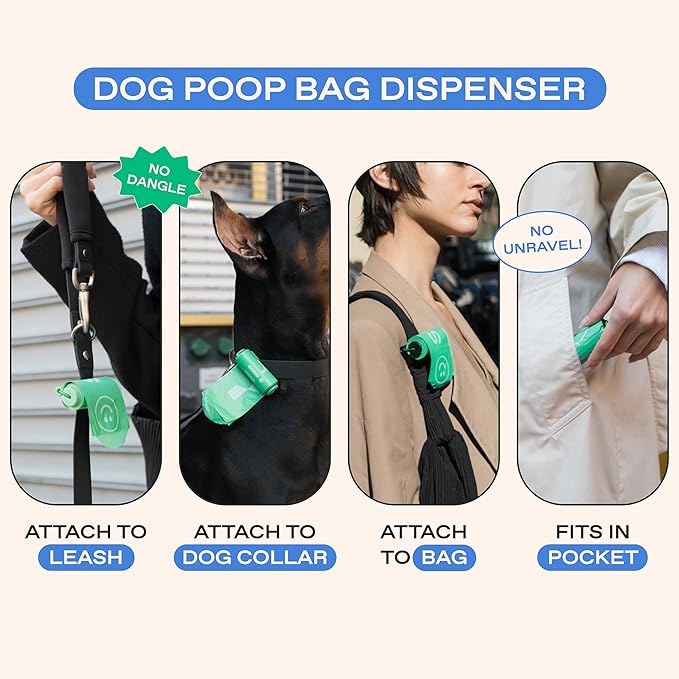 Springer Dog Poop Bag Dispenser Holder with Bags, No Dangle Design for Leash, Premium Thick Waste Bags with Easy to Open Tab, Unscented, 1 Dispenser and 15 Count