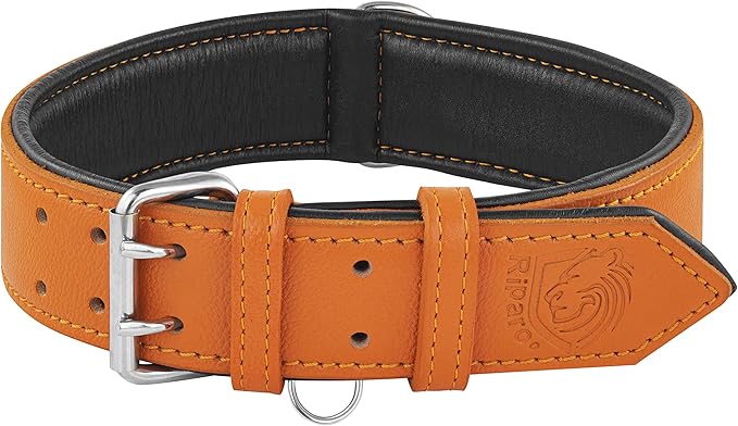Riparo Extra Wide Leather Dog Collar - Heavy Duty Wide Dog Collar for Small, Medium, Large and Extra Large Dogs with Dog Tag Holder (XXL: 2” Wide for 24”-29” Neck, Orange)